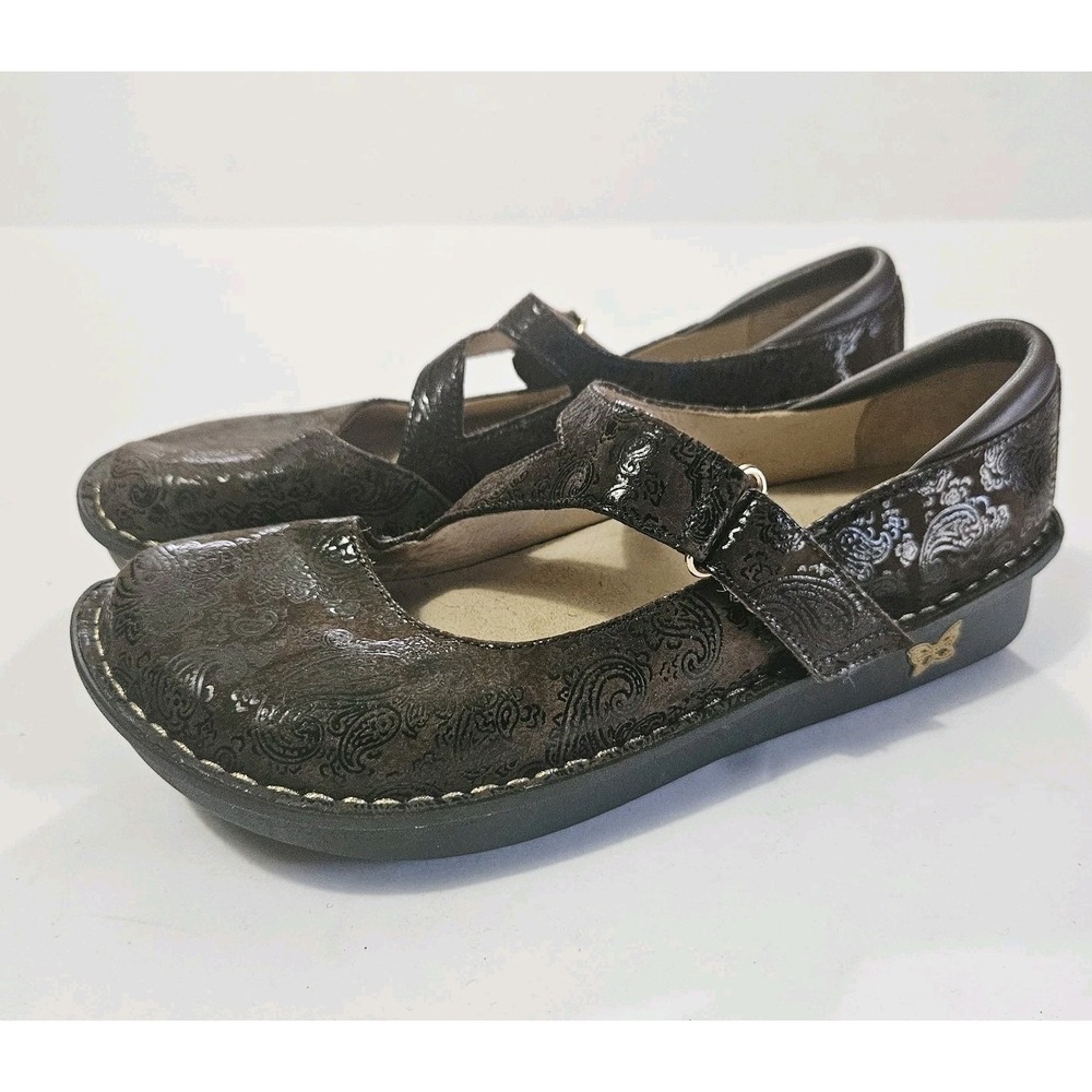 Alegria Mary Jane Comfort Shoes Jil Brown Paisley Embossed Leather Flats Size 39